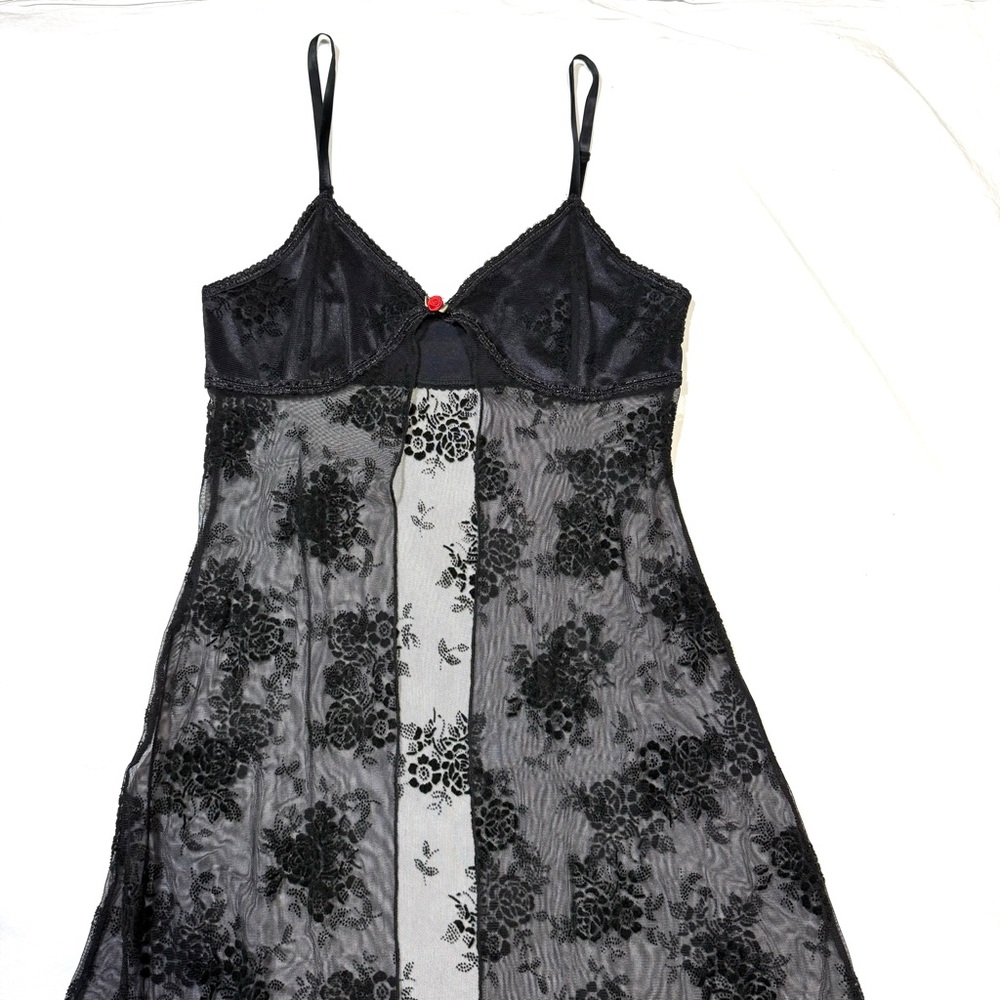 Sheer Black Velvet Floral Lace Slip Maxi Dress Rose Bow Whimsygoth Fairy Grunge - Picture 11 of 15